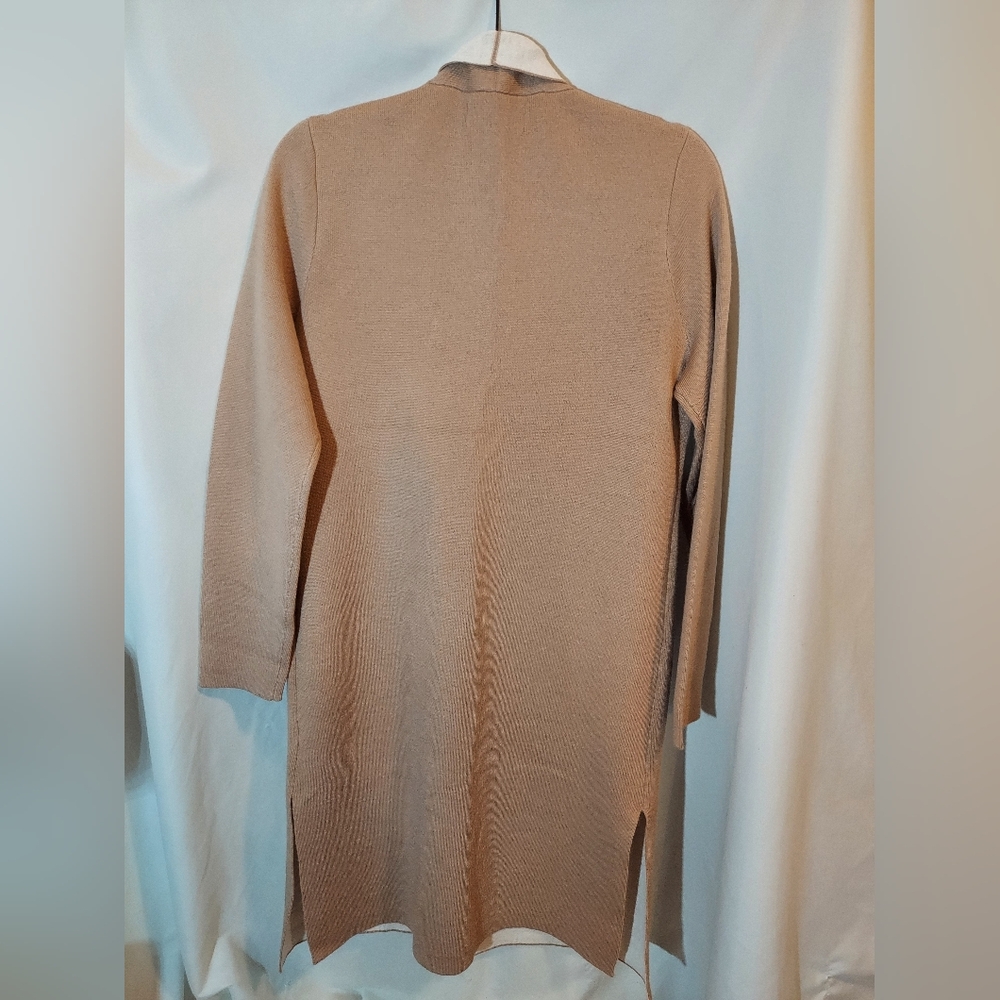 Elegant Minimalist Beige Wool Blend Women's Long Cardigan - Picture 2 of 7